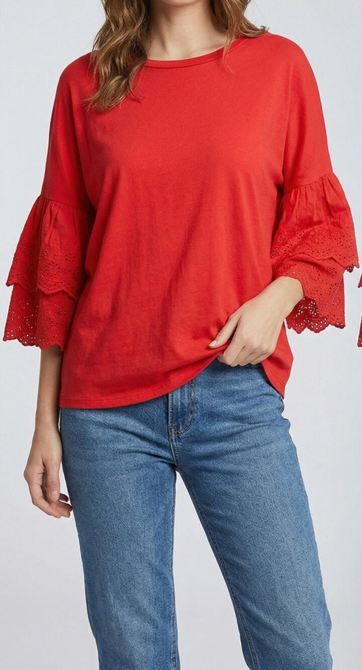 Topshop US Size 10 Red 3/4 Sleeve Eyelet Bell Sleeve Shirt 100% Cotton
